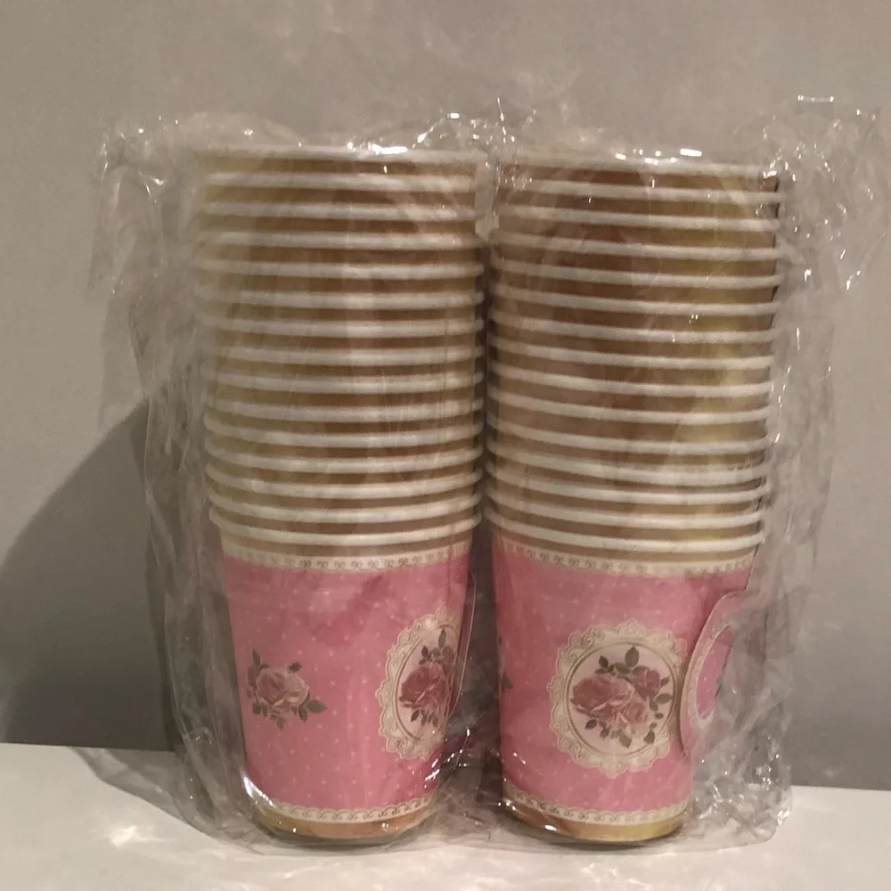Elegant 60 PCS Pink Floral Party paper Plates and cups with handle.